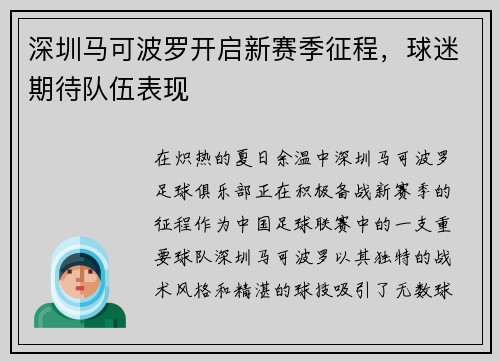 深圳马可波罗开启新赛季征程，球迷期待队伍表现