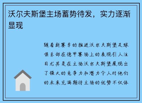 沃尔夫斯堡主场蓄势待发，实力逐渐显现