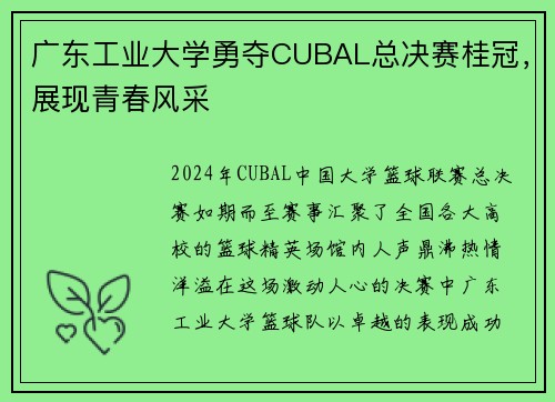 广东工业大学勇夺CUBAL总决赛桂冠，展现青春风采