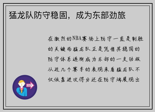 猛龙队防守稳固，成为东部劲旅