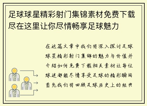 足球球星精彩射门集锦素材免费下载尽在这里让你尽情畅享足球魅力